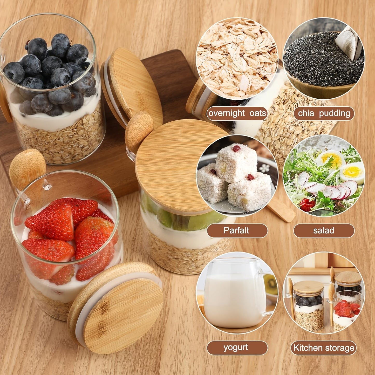 4/8pcs Local Warehouse 16oz Overnight Oats Glass Jar with Lid, Oatmeal Cup with Spoon, Meal Prep Large Capacity Breakfast Oatmeal Glass Jar Glass Meal Prep Container, Condiment Jar Glass Jar for Storing Oats And Yogurt Perfect Christmas Gift