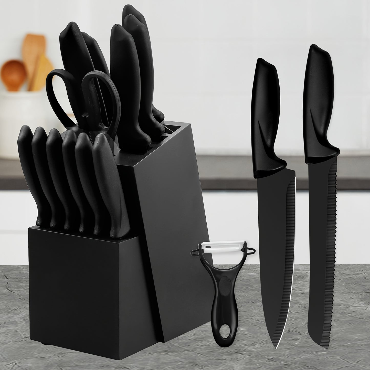 Kitchen Knife Set 15 Piece – Chef Knife Block Set with Self-Sharpening Wooden Block, Steak Knives & Hammered Stainless Steel Blades, Perfect Gift for Home Cooks & Men