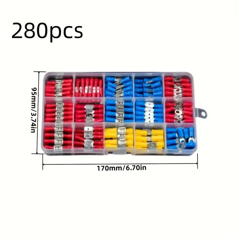 Set of Universal Electrical Crimp Terminals - A Variety of Wire Cable Connectors Including Insulated Ring, Fork, Spade, And Butt Connectors for Automotive And Marine Applications