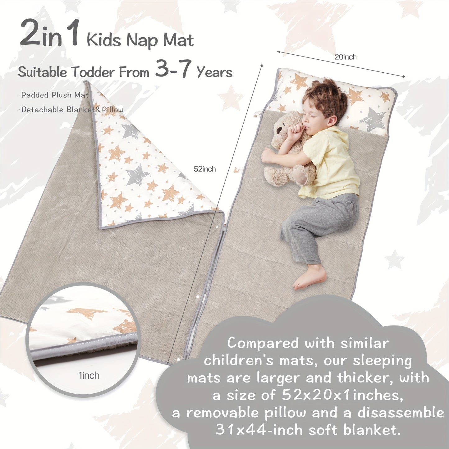 Toddler Nap Mat, Rollup Design Kid Sleeping Mat with Removable Pillow & Minky Blanket, Toddler Sleeping Bag for Daycare Preschool Travel Camping