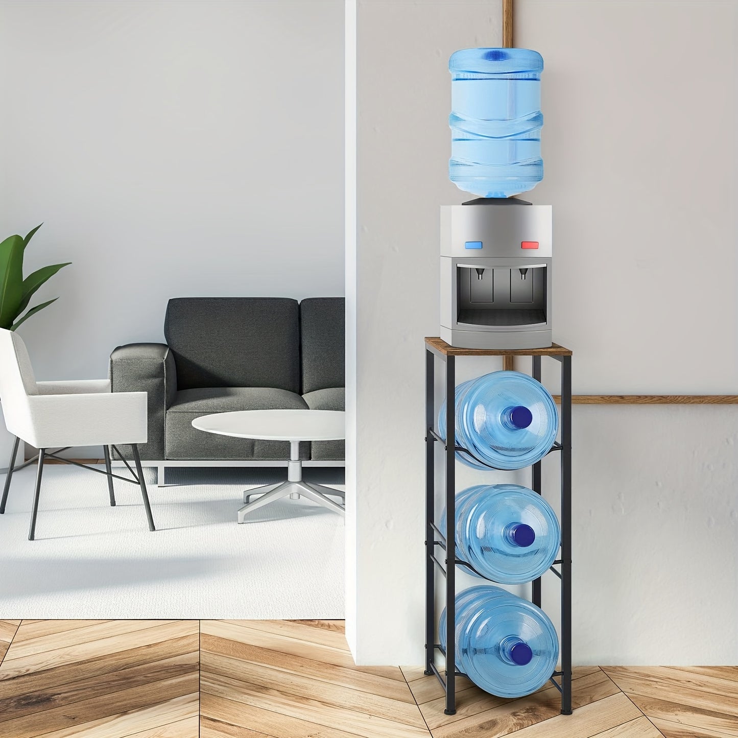 3-Tier 5 Gallon Water Jug Holder with Storage Shelve, 5 Gallon Water Bottle Holder, Water Jug Stand, Water Jug Rack, Water Bottle Organizer for Kitchen, Office, Living Room, Brown, Standing Shelf