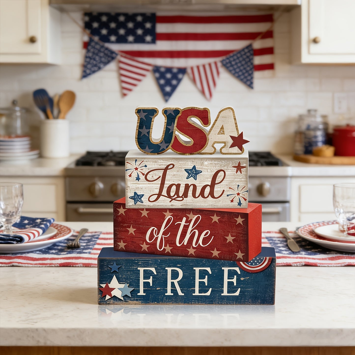 Memorial Patriotic Decorations, 4Th of July Day Tabletop Decorations, Red White Blue Table Decorative Sign for Office Tiered Tray Home Shelf 250Th Anniversary Gift