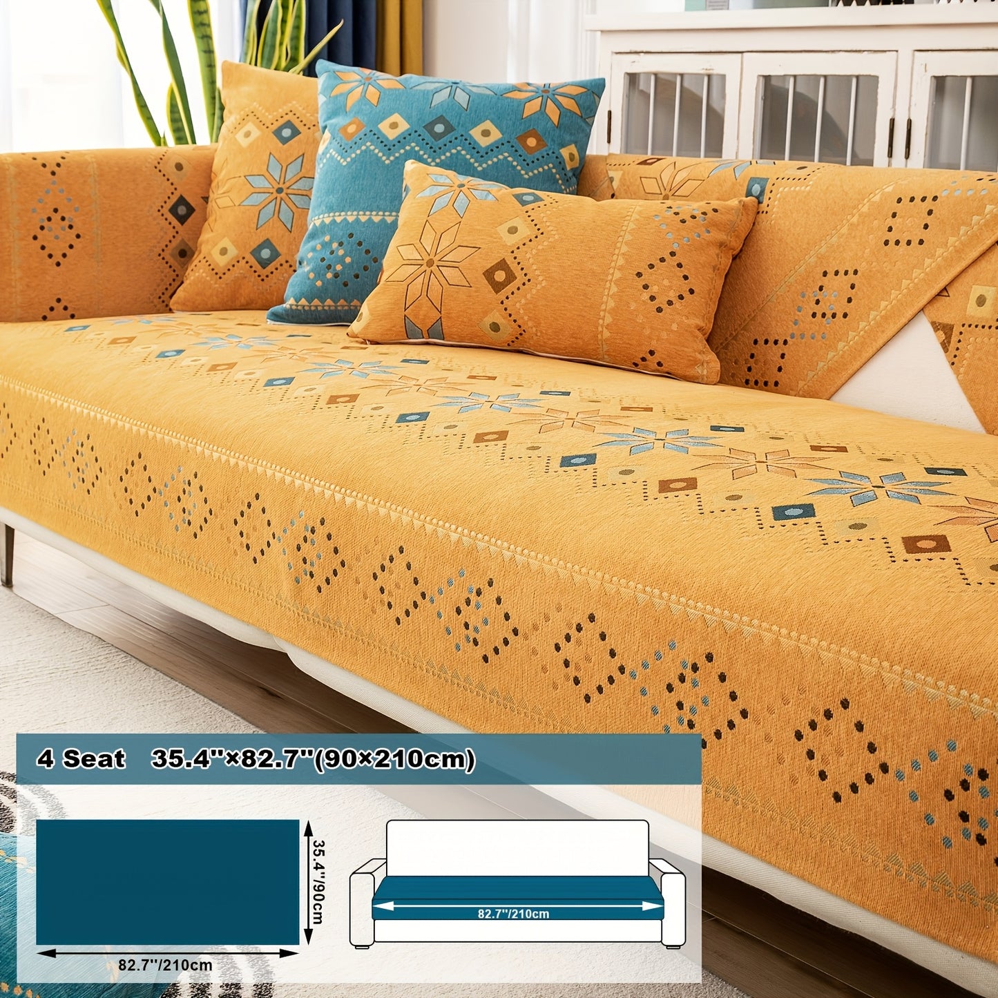 One Bohemian-style chenille sofa cover, suitable for pet-friendly families. Non-slip plush sofa cover with embroidered details. Fits two/three/four-seater sofas or single sofas, including backrests and armrests. Machine washable, soft sofa cover