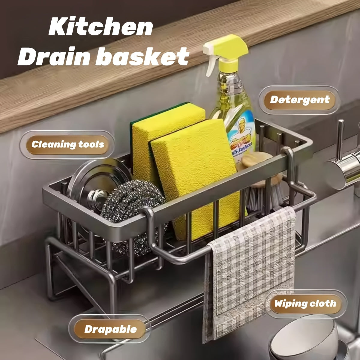 1 Set Kitchen Sink with Rag Rod Organizer, Kitchen Sink Storage Sponge Rack with Self-Draining Tray with Removable Rag Rod for Kitchen Sponges, Dishwashing Brushes, Forks And Spoons, Scouring Detergents, Rag Organizers, Toiletries Bathroom Organizer