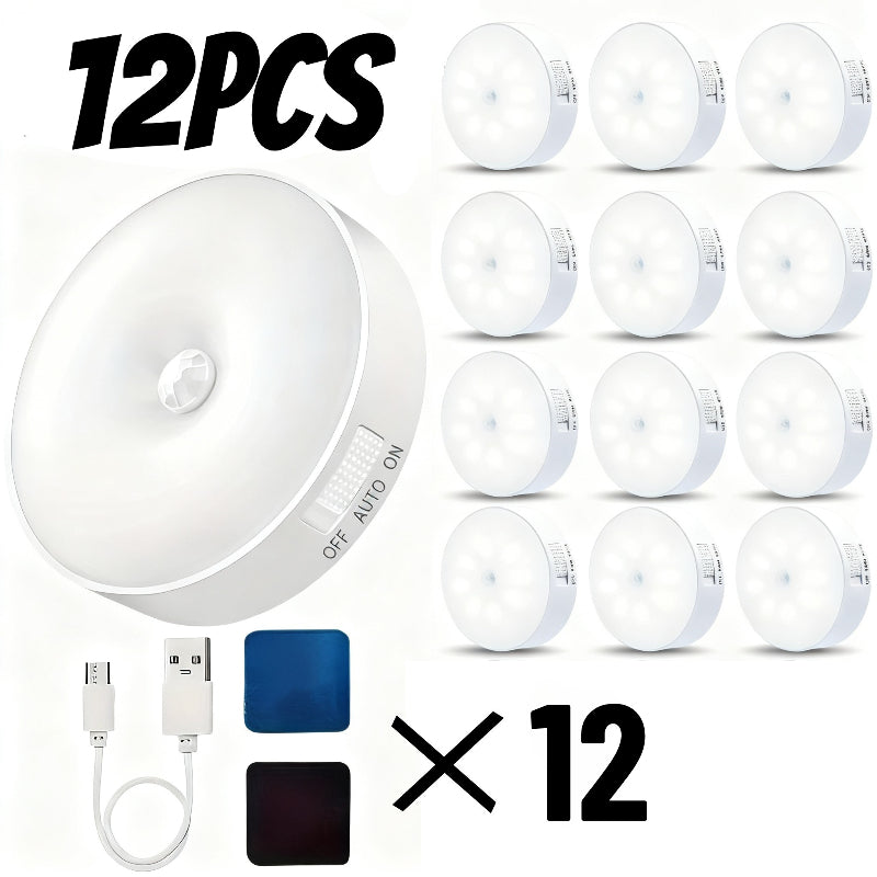 12/6pcs 8LED Motion Sensor Night Light, Eye-Protection Light, 8LED Night Light with USB Charging and Switch, Built-in Battery, Suitable for Stairs, Bedroom, Closet, Studio, Dormitory, Garage Sensor Light