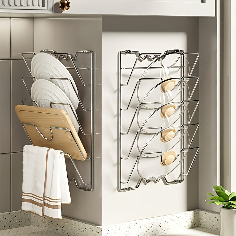 1pc Of A Sturdy Metal Organizer for Hanging Pot Lids, Designed As A Multi-Level Wall-Mounted Storage Solution for Pots And Lids, Ideal for Saving Space In Kitchens At for Home Or In Restaurants