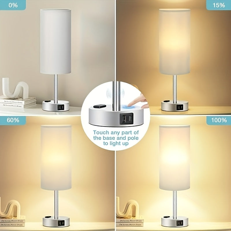 1/2pcs Bedside Table Lamp for Bedroom - 3 Way Dimmable Touch Lamp USB C Charging Ports, Small Lamp Wood Base Round Shade for Living Room, Desk, A19 LED Bulb Included