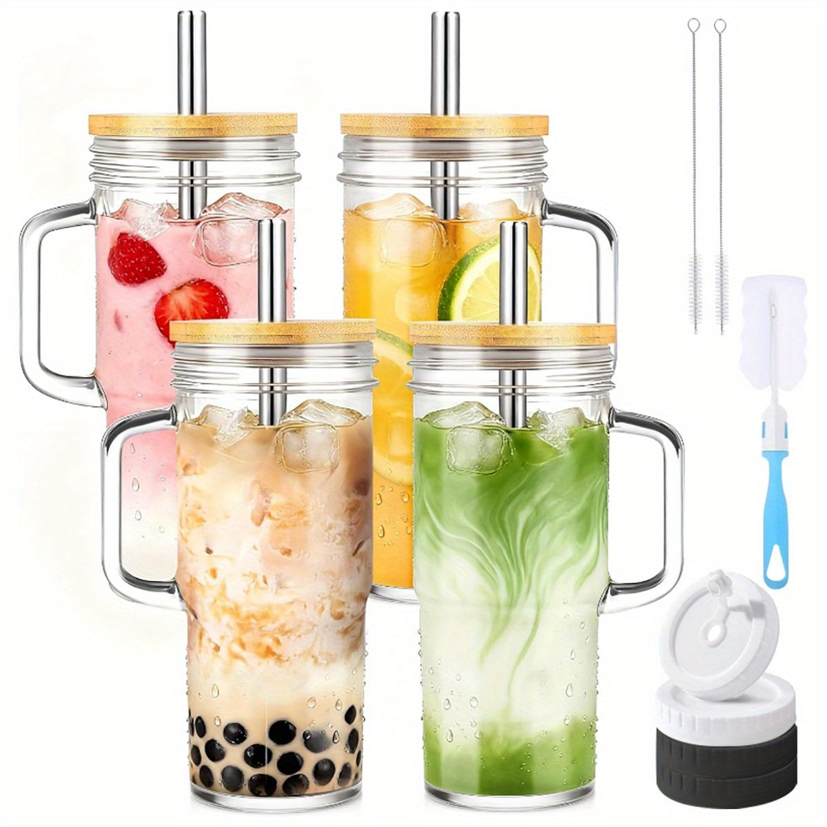 2/4pcs Tumblers with Lid And Straw - 24oz, with Bamboo Lid And Straw, Travel & Away Cups, Mason Glass Cup Drinkware Set, Free Sealed Silicone Lid & Straw Cleaning Brush!