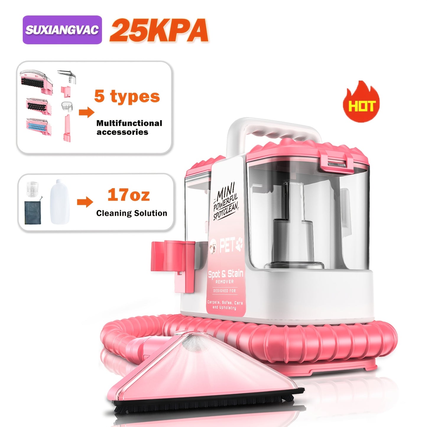 Portable Carpet And Upholstery Cleaner, 25Kpa Pet-Friendly Stain Remover, Sofa, Carpet, Couch And Car Stain Remover, Carpet Cleaning Machine with Dual Brush Heads And Self-Cleaning System