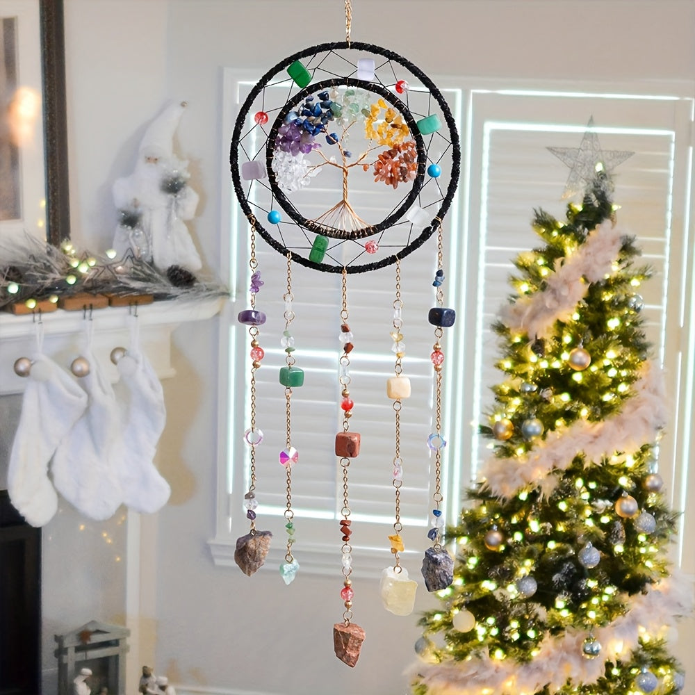 Handmade Bohemian Crystal Shattered Stone Sun Catcher & Wind Chime with Woven Life Tree Pendant - Shatter Crystal Stones Wind- Sound for /Outdoor Hanging Decor, Portable Nordic Wind Chime Suitable for Christmas, Weddings, Birthdays, New Year Gifts