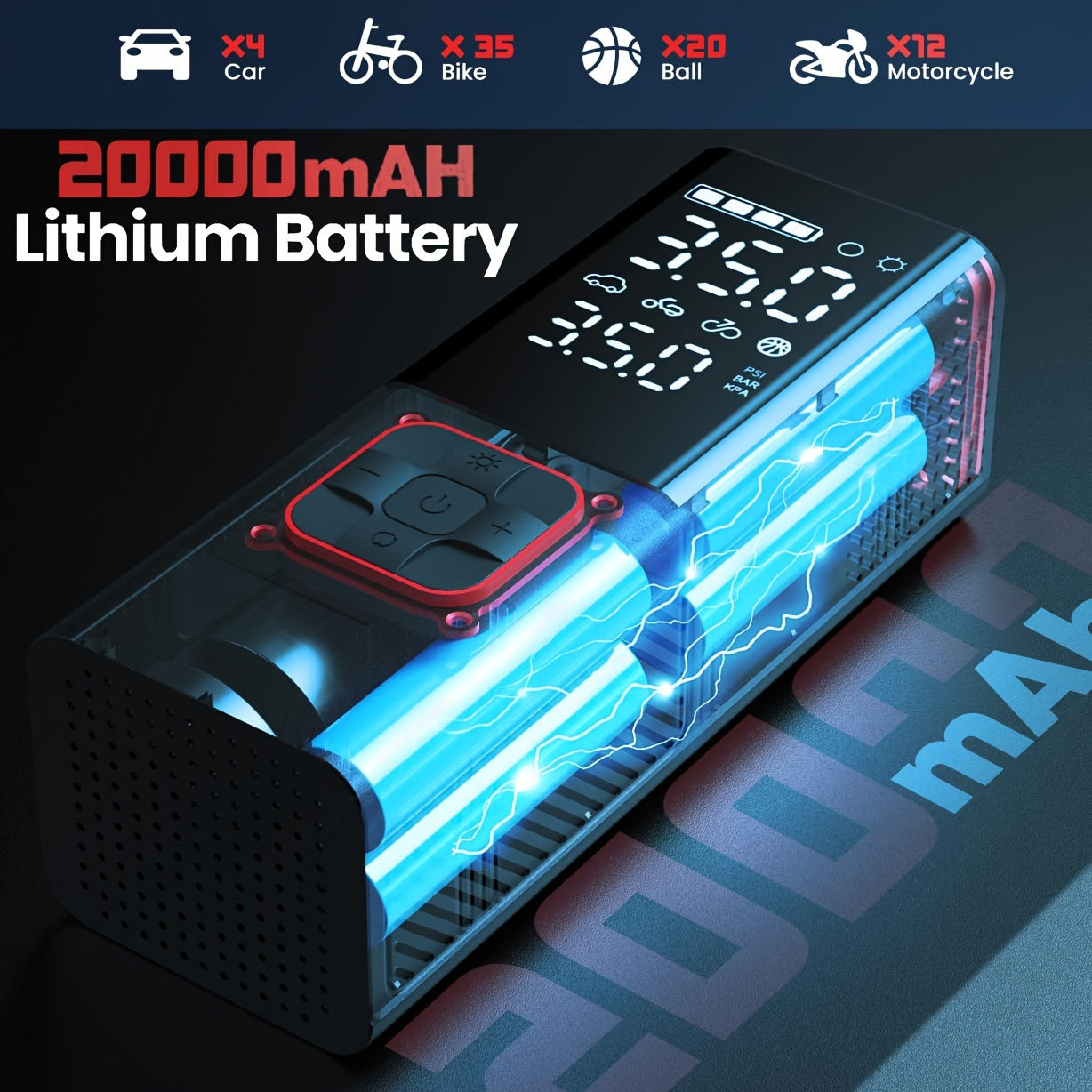 Tire Inflator Portable Air Compressor 20000mAh & 4X Faster Cordless Tire Pump for Car, Bicycle, Motorcycle, Ball