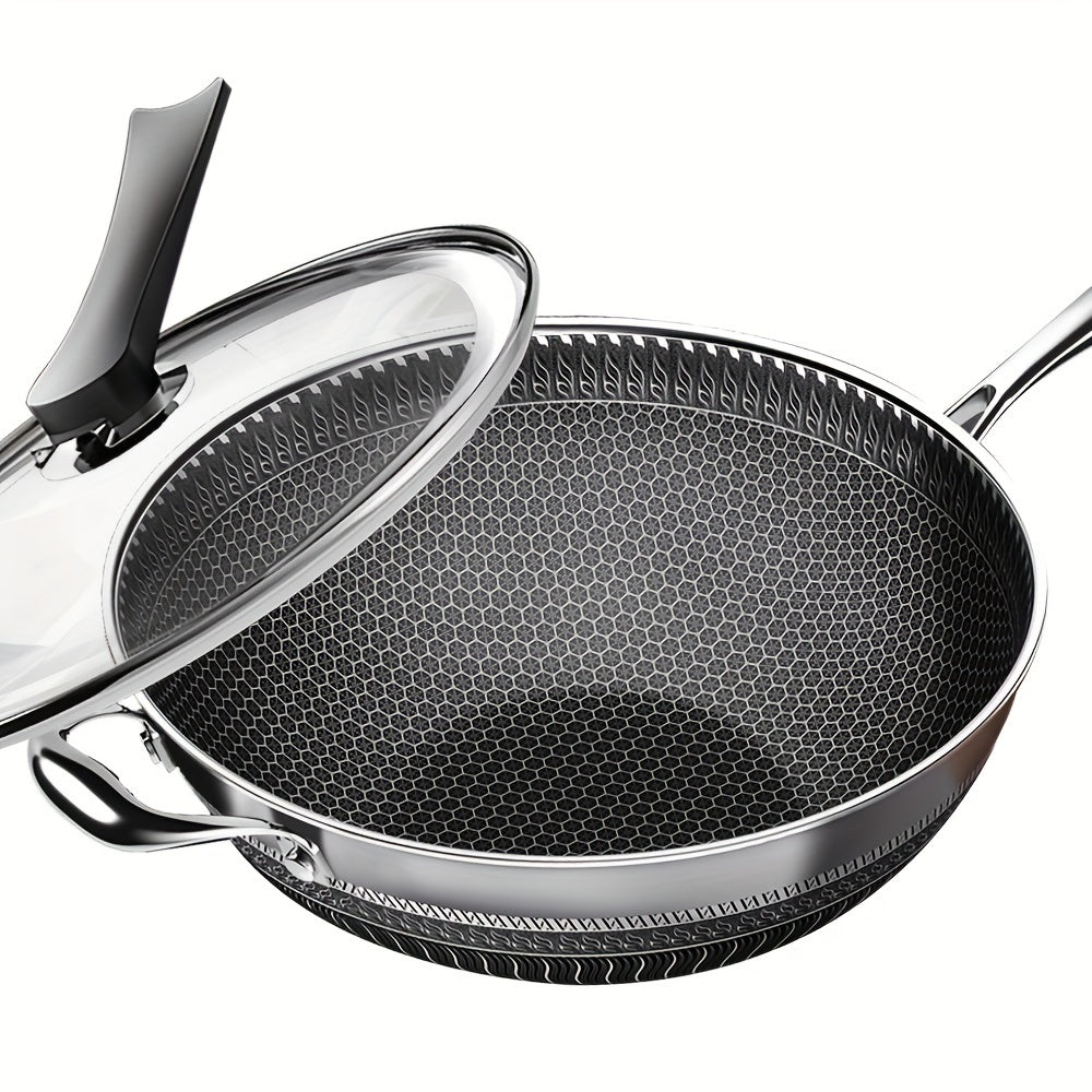 13.3 Inch Stainless Steel Wok with Lid And Spatula, Non Stick Stir-fry Pans with 2pcs Kitchen Accessories Gadgets, Kitchen Must Haves, Compatible with All Cooktops, And Closeout