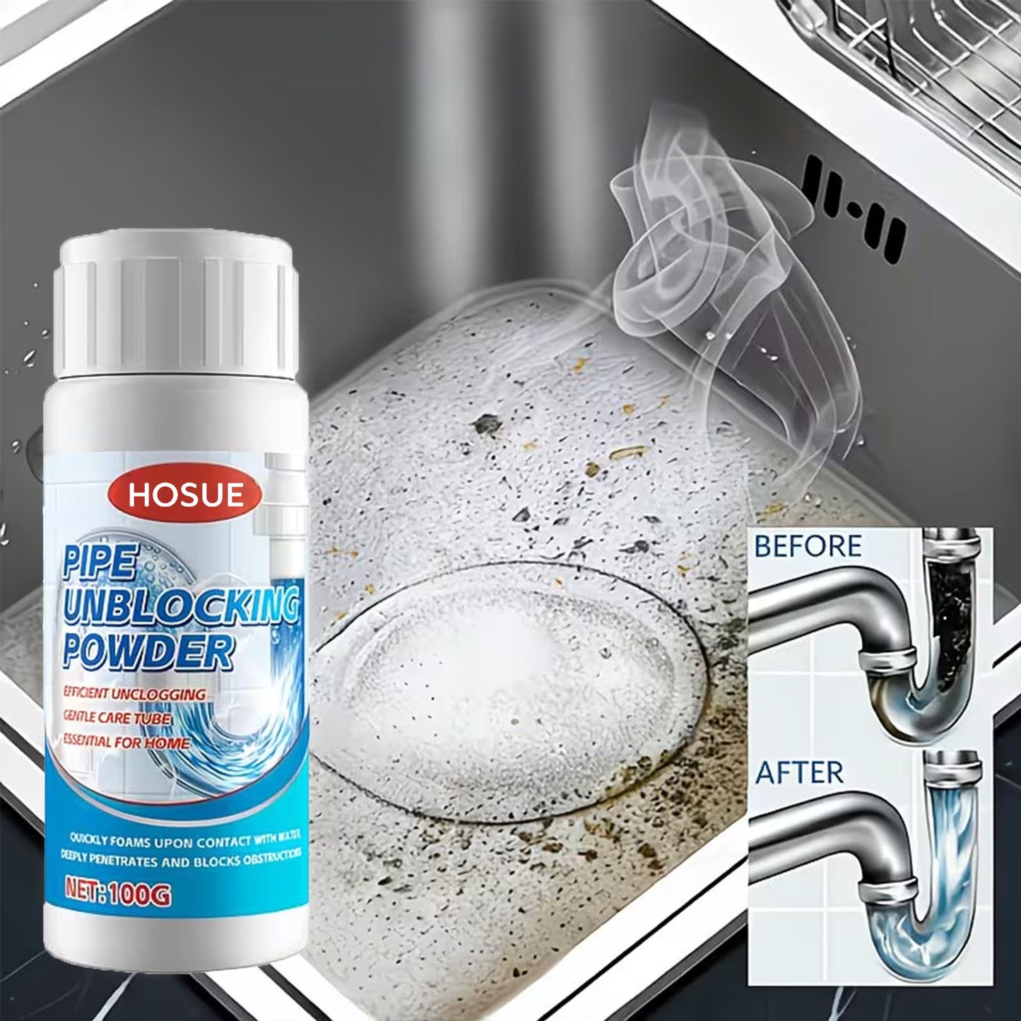 Drain Unclogging Powder, Sewer Cleaner, Kitchen And Bathroom Pipe Unblocker. Rapidly Dissolves Hair And Grease. Odorless Drain-Clearing Formula. Suitable for Kitchen, Bathroom