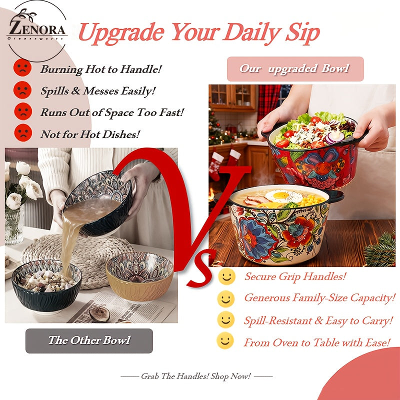 2pcs Giant 101.44oz- Ceramic Extra-Deep Bowl With Handles, No Burn Hands, Bohemian Hand-Painted Design, Chip-Resistant. Microwave & Dishwasher & Oven Safe. Soup Bowl, Snack Bowl, Salad Bowl, Ice Bucket.Family Serving. Home Kitchen Use. Gifts For Weddings