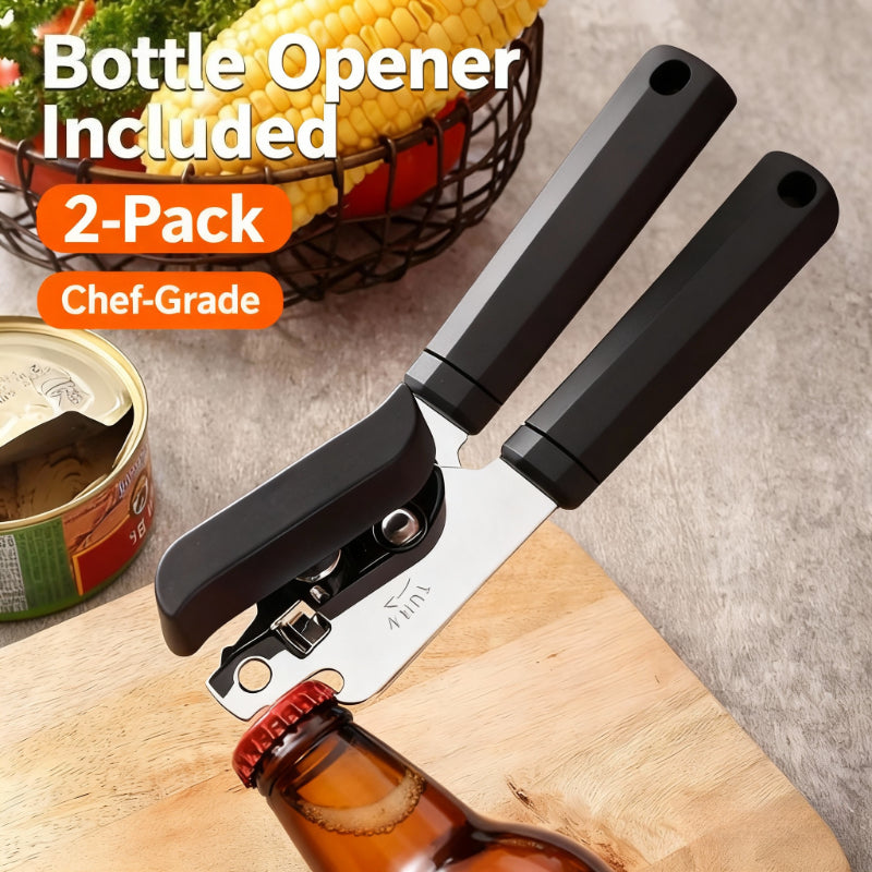 2-Pack 3-in-1 Stainless Steel Can Opener - Ergonomic Handle, Universal Fit for All Can Sizes, Heavy-Duty Kitchen Tool with Smooth Edge & Bottle Opener - Chef-Grade Must-Have for Home Cooks