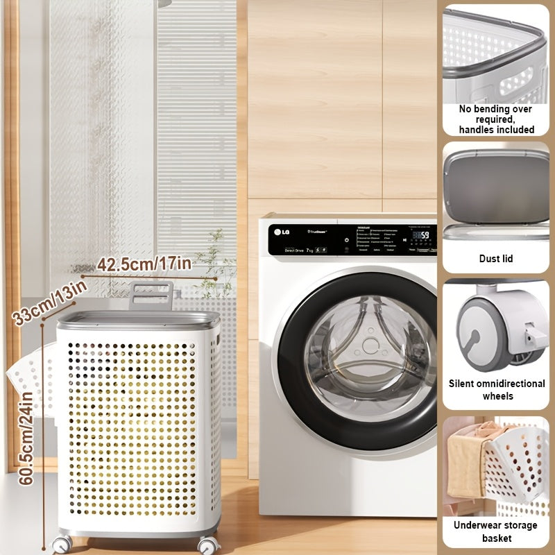 Large Rolling Laundry Basket with Lid And Wheels - Foldable Ventilated Plastic Storage Bin with Lockable Casters, Inner Small Basket for Underwear, Space-Saving Multi-Purpose Organizer for Clothes, Bathroom And Laundry Room, Laundry Baskets
