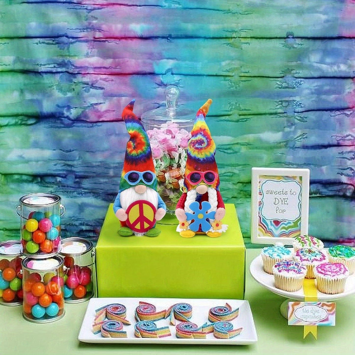 2pcs Hippie Gnomes Groovy Gnome Decorations with Peace Sign Fashion Glasses Spring Tie Dye Tomte Swedish Collectible Figurines Farmhouse Hippy Trippy Room Decor Gift for Friends Family Christmas Halloween Costume Party Ornaments