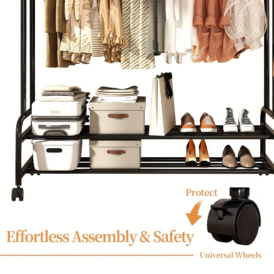 Durable Metal Clothing Rack with Double Rods And Wheels, Featuring Shelves And Hooks, Designed for Heavy-Duty Use to Hang Garments, Versatile Closet Solution for Bedrooms, in Black