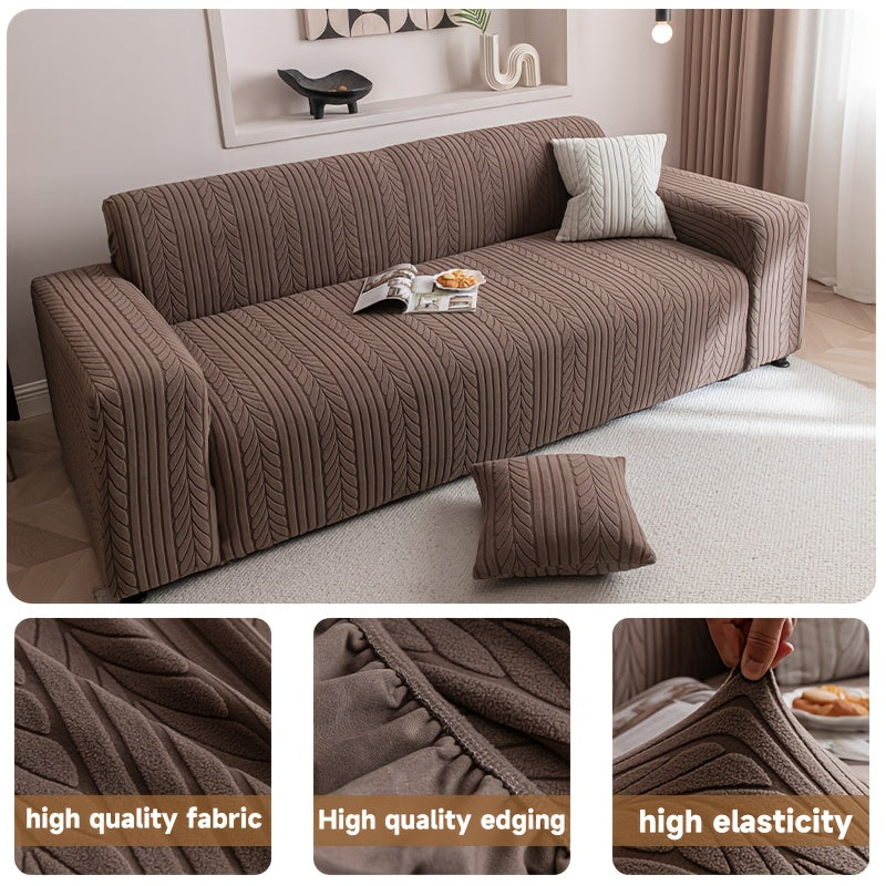1pc Full Coverage Elastic Velvet Leaf Jacquard Sofa Cover with a Pillowcase | Pet & Slip Proof, Thick Soft Fabric, Machine Washable | Fits 1-4 Seater Couches for Living Room Bedroom 4 Seasons Furniture Protection