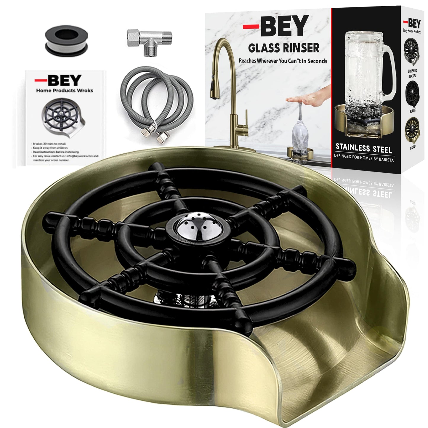 BEY Automatic Glass Rinser - Powerful Cup Washer for Kitchen Sink, Stainless Steel Baby Bottle Cleaner Sinks Attachment, Bar Accessories Spray Metal