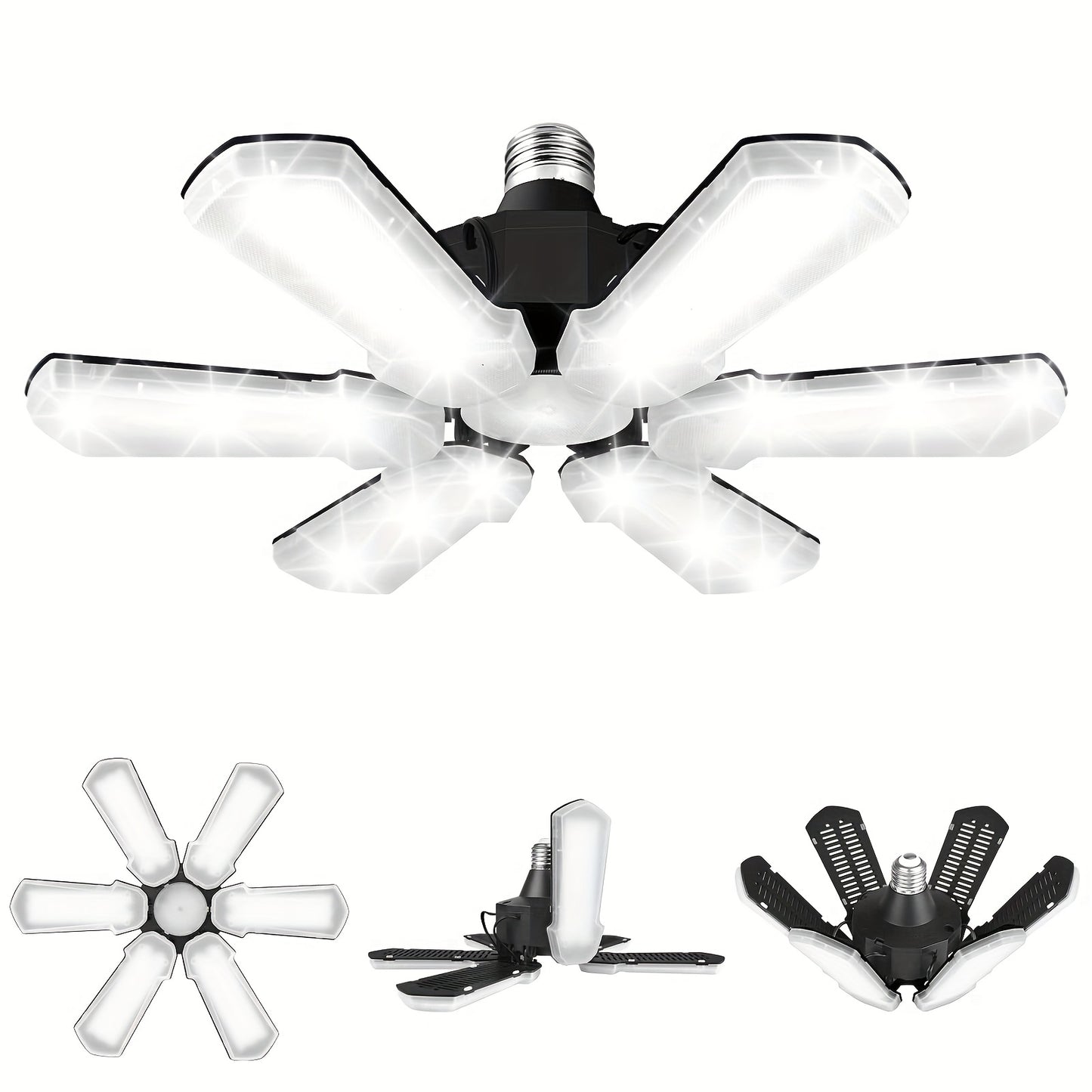 LED Garage Lights 25000LM Deformable – 250W Equivalent E26/E27 Screw-In Ceiling Shop Light with 6+1 / 8+1 Adjustable Panels for Garage, Basement, Attic & Warehouse (1, 2 or 4-Pack)