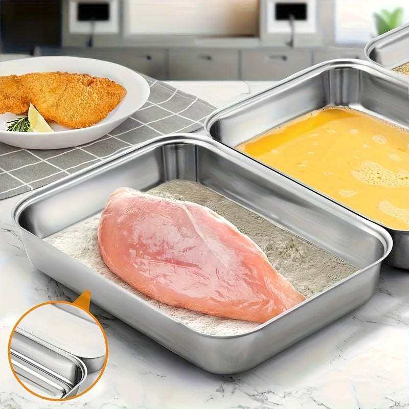 3pcs Crumb Tray Set, Stainless Steel Breading Pan for Chicken Breast Breading and Meat Marinating, Food Preparation Tray for Fish Breading and Crumb Dishes, Oven Safe, Easy to Clean, Marinating Pan, Fish Breading Tray, Baking Utensil Set