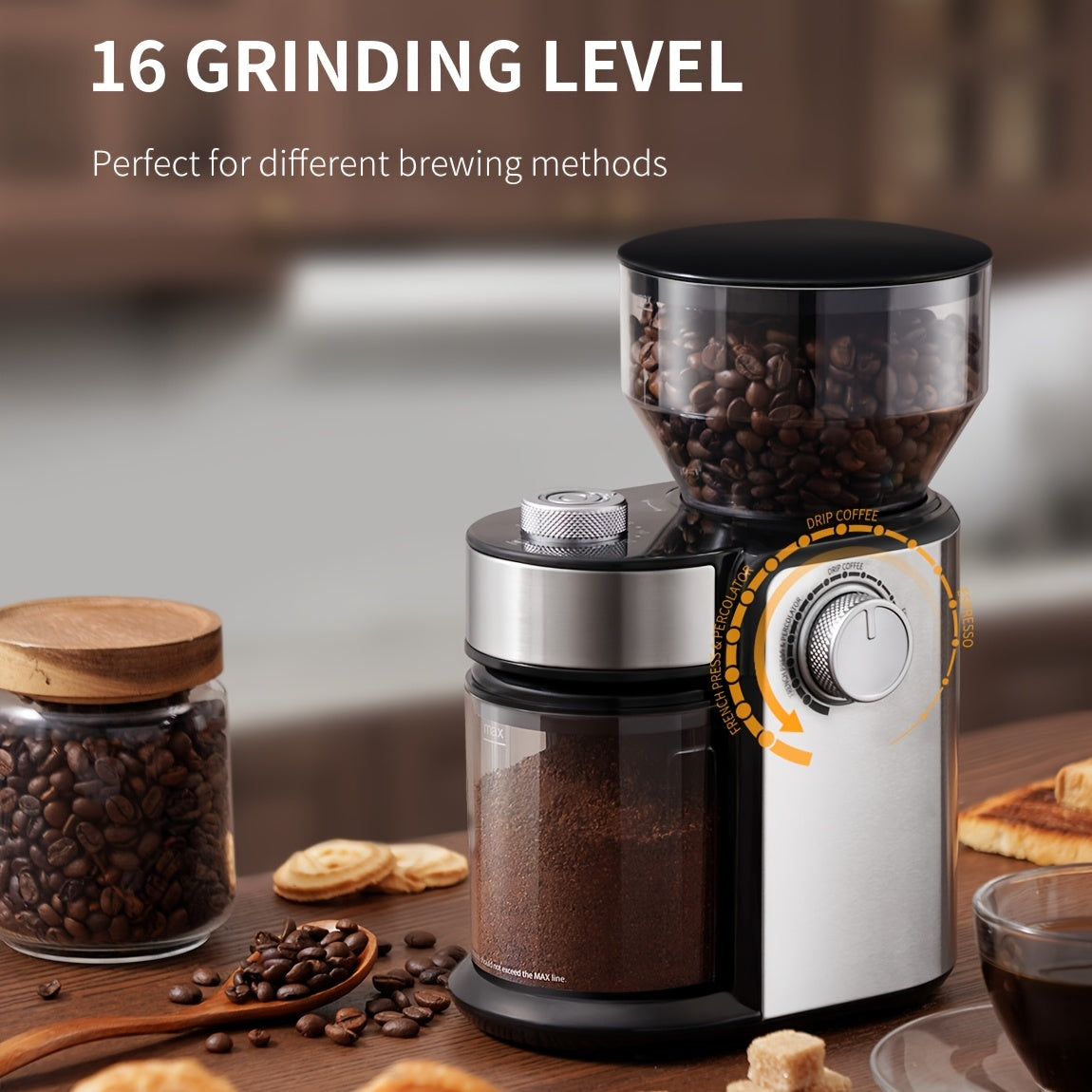 Burr Coffee Grinder, Adjustable Burr Mill with 16 Precise Grind Setting for 2-14 Cup, Stainless Steel.