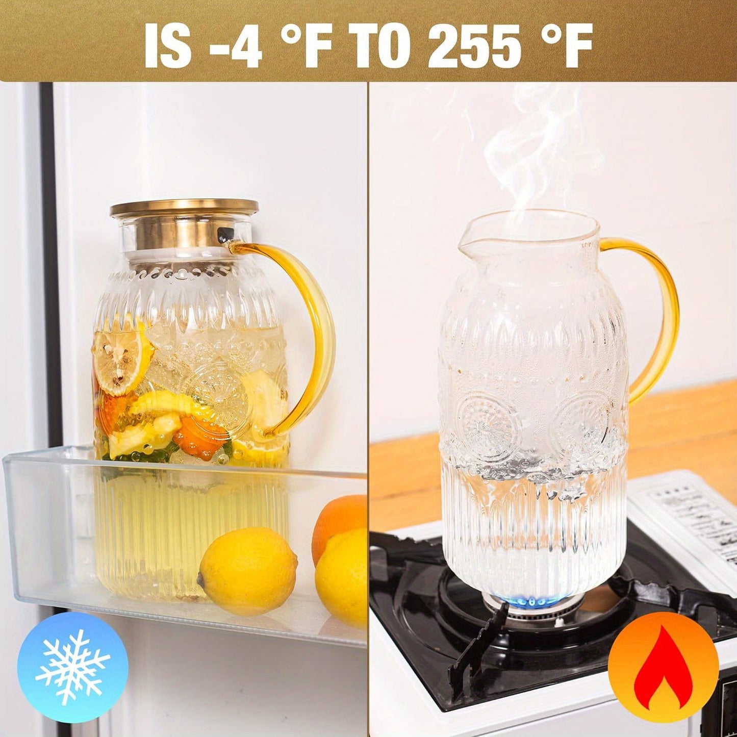 Amzcku 68oz/2 Liter Glass Pitcher with Lid - Vintage Water Jug, Heat-Resistant Glass Carafe Suitable for Cold Brew, Coffee, Lemonade, Iced Tea - Lid, Glass Jug for, Parties, Picnics, Camping, Office