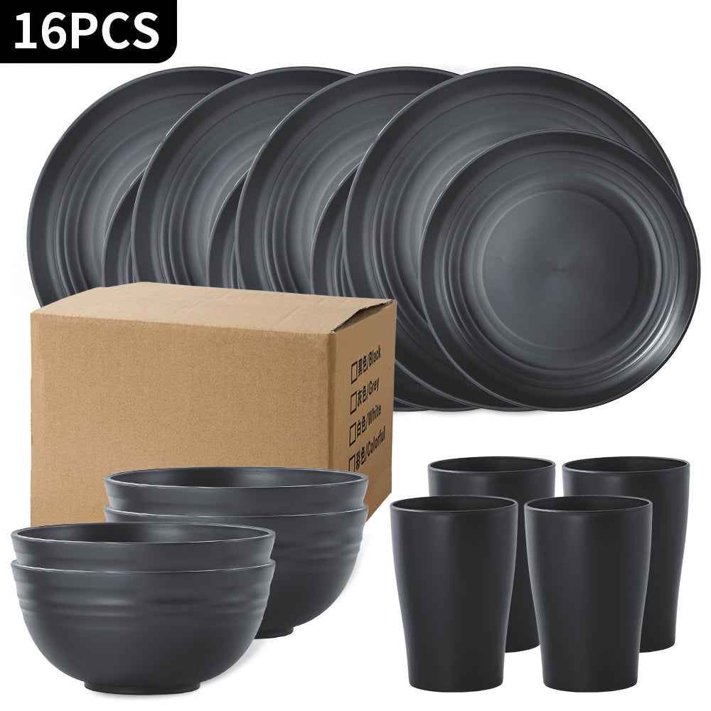 16/32pcs Kitchen Plastic Wheat Straw Dinnerware Set, Service for 8, Dinner Plates, Dessert Plate, Cereal Bowls, Cups, Unbreakable Colorful Plastic Outdoor Camping Dishes
