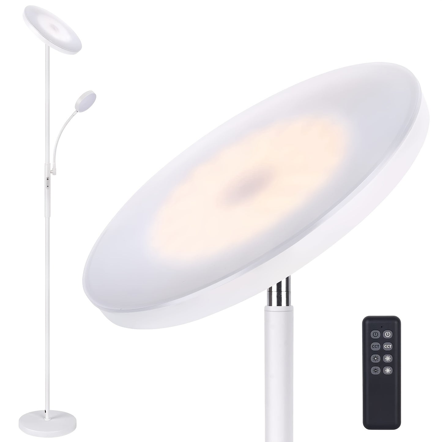 Dual-Function LED Floor Lamp, Featuring a 27W/2300LM Main Light And a 7W/350LM Reading Light, with Four Adjustable Color Temperatures. This Dimmable Torchiere Standing Lamp Includes Remote And Touch Control, Suitable for Home And Office Use