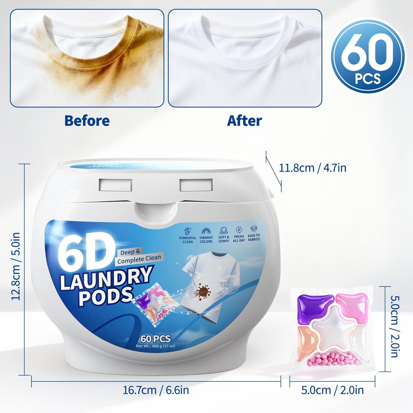 Laundry Pods 6-in-1 Concentrated – 60 Pcs 480g Deep Clean & Tough Stain Removal, Quick Dissolve No Residue, Spring Meadow Long-Lasting Fragrance, HE Compatible Washing Machine Detergent Pods (2026 Upgrade)