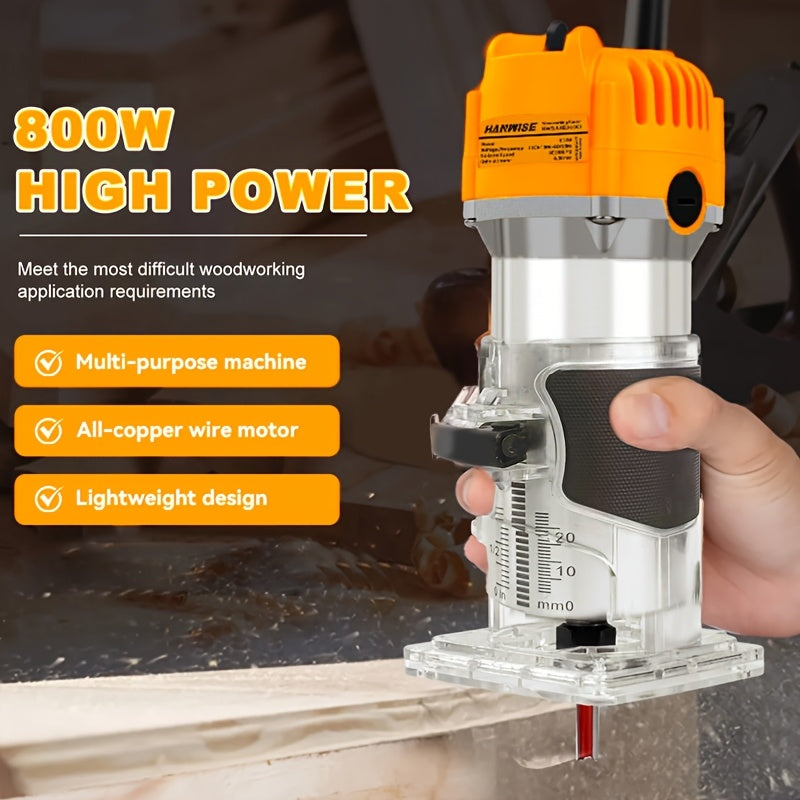HANWISE Compact 800W Wood Router, 35000RPM, Router Power Tool with 15 1/4 Inch Routers, Used for DIY Woodworking, Slotting, Carving, Precise Edge Trimming And Contour Processing, Rotary Tool, Woodworking Tools, Valentine's Day Gift, Birthday Gift