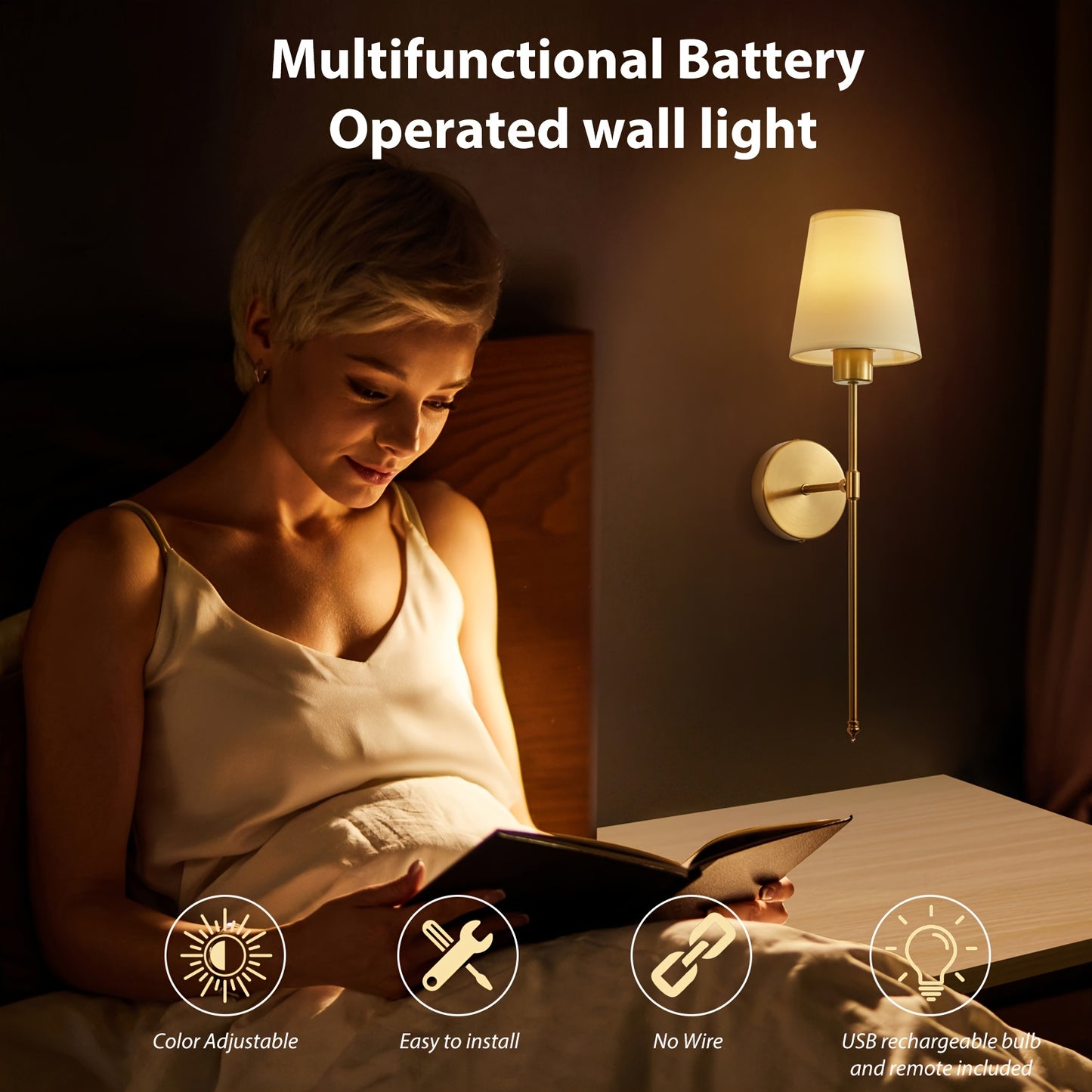 Rechargeable Wall Sconce 2-Pack RGB – 15-Color Dimmable LED Wall Light with Remote Control, 5200mAh Battery, No Wiring for Bedroom, Living Room, Kitchen & Corridor (Gold / Black)