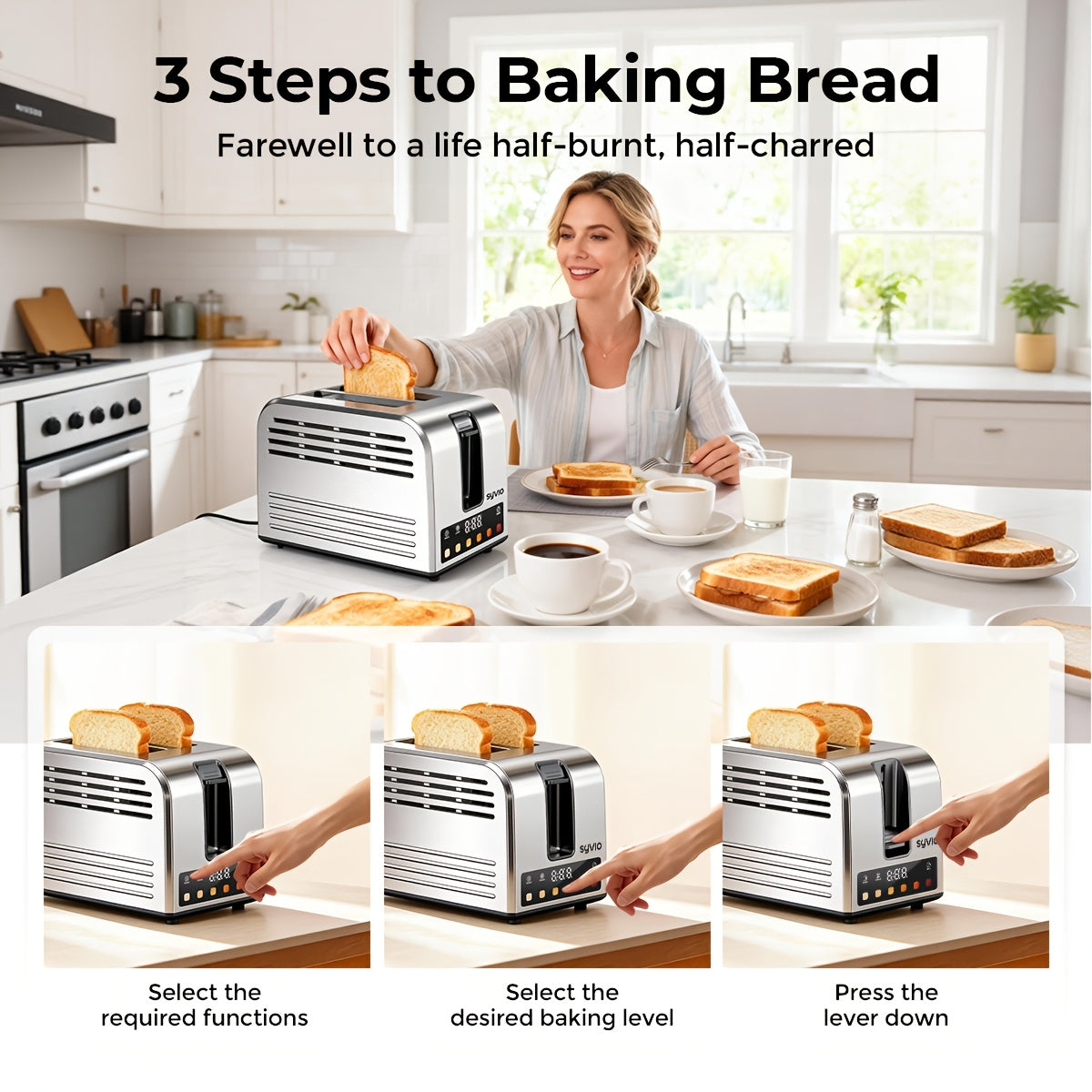Toaster 2-Slice Stainless Steel Smart Touchscreen – 5 Bread Types, 6 Browning Levels, Wide Slots, Temperature Control, Removable Crumb Tray, Compact Kitchen Toaster