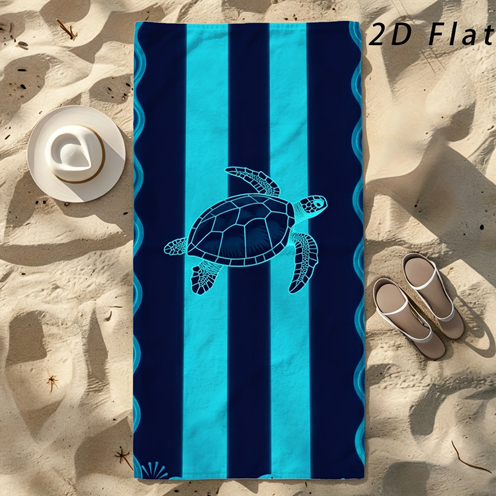 1pc Beach Towel, Blue Striped Sea Turtle Print, Soft Absorbent Nautical Themed Towel, Stylized Turtle Wave Pattern, Perfect for Beach Trips, Pool Days, Summer Vacations, or as a Gift for Ocean Lovers, Durable Lightweight, Adds a Cool, Coastal Vibe