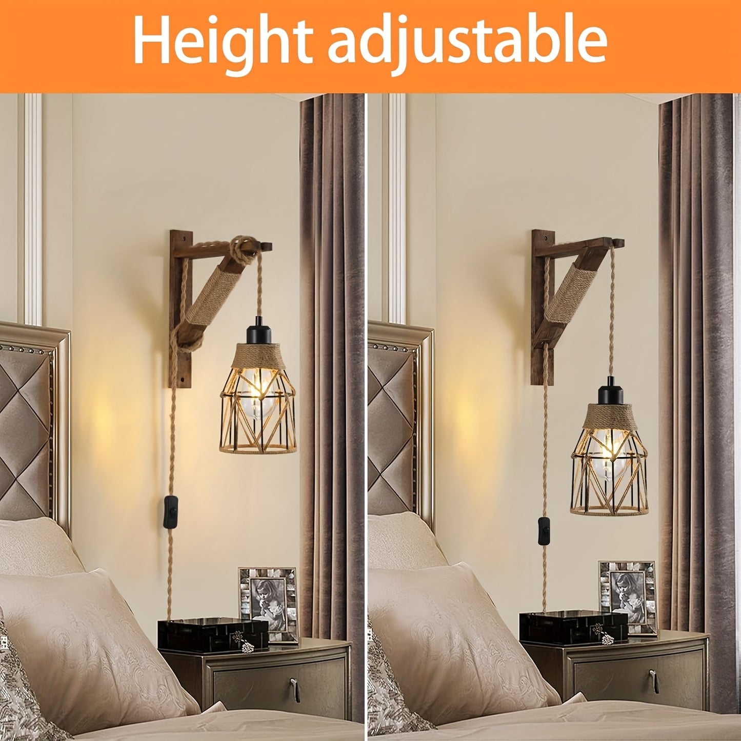 Plug In Wall Sconces Set Of 2 Or 1, Farmhouse Hanging Lamps That Plug Into Wall Outlet, Rustic Metal Cage Sconce with Wooden Bracket for Bedroom Living Room Headboard.