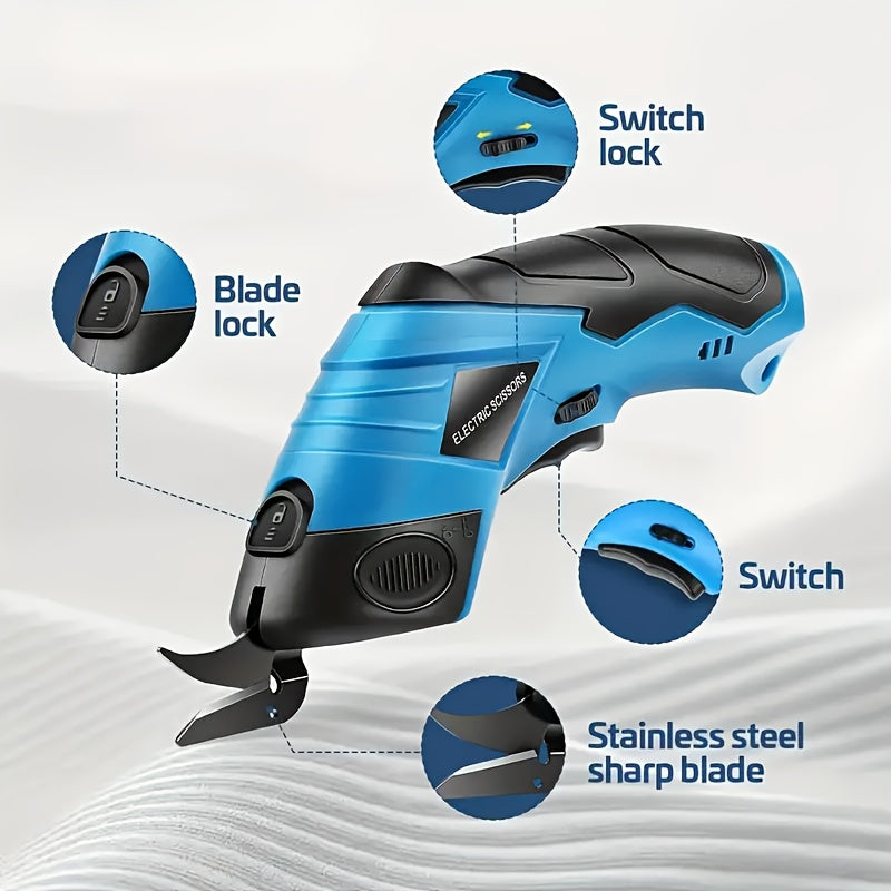 Electric Fabric Cutting Scissors, USB Rechargeable Wireless Precision Cutting Tool, 1500mAh Cordless Electric Scissors, Suitable for Clothing, Carpet, Leather, Cardboard, Crafts, Ergonomic Design, Black and Blue, Adjustable Blade, One-Touch Start