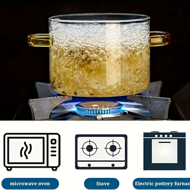 50.72oz Borosilicate Glass Cooker with Lid - Double Yellow Handles, Microwave Safe, Heat Resistant, Suitable for Soups, Milk, and Porridge