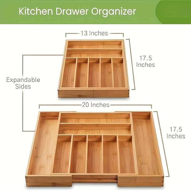 Bamboo Kitchen Drawer Organizer, Expandable Wood Utensil Tray, AdjustableSilverware Organizers for Drawers, 9 Compartments for Fork, Spoon & Knife UtensilsCutlery Organizer & Divider