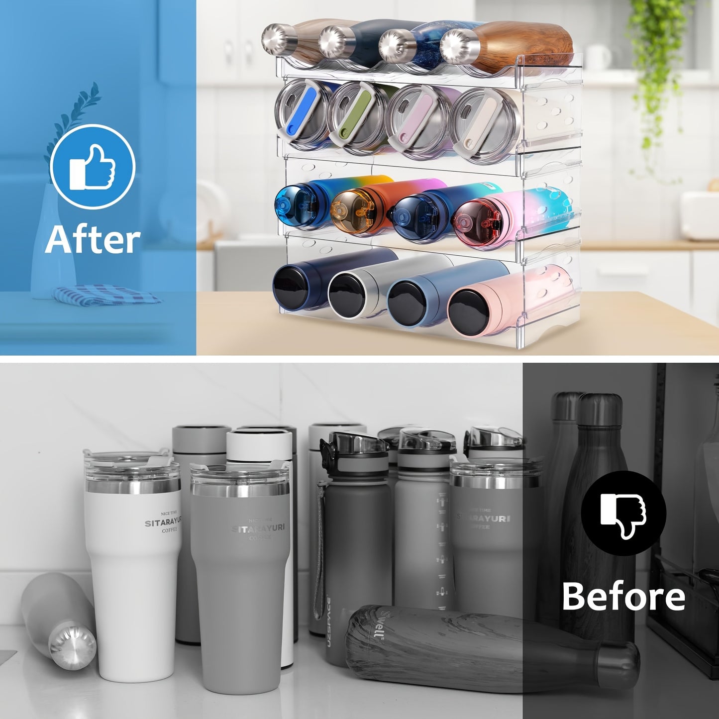 4-Tier Stackable Water Bottle Organizer - Clear Plastic Kitchen Cabinet Storage Rack Holds 16 Bottles, Space-Saving Design for Home, Office, Pantry Organization, Kitchen Organizer, Office Supply Storage, Sleek Appearance, Transparent Material