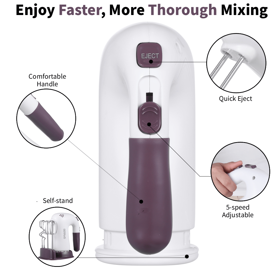 Hand Mixer Electric, 400W Kitchen Mixers with Storage Stand, Turbo Boost/Self-Control Speed + 5 Speed + Eject Button + 5 Stainless Steel Accessories, For Cream, Cake