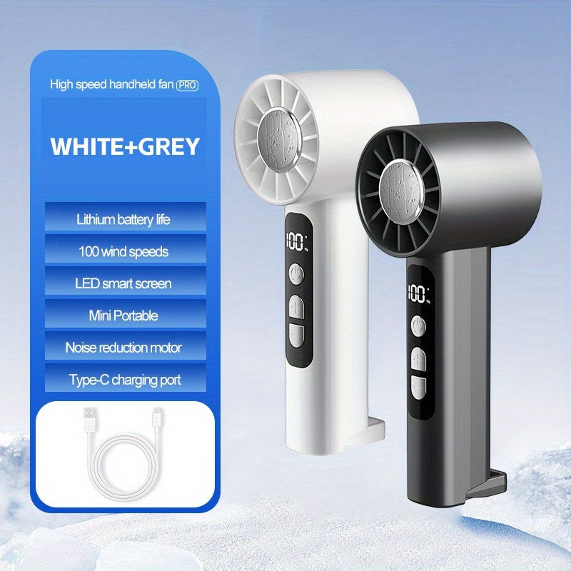 2pcs USB Rechargeable Handheld Fan Small Portable Desktop Fan Adjustable 1 to 100 Wind Power Display Power Summer Camping Travel Outdoor Indoor Tools, Long Press Infinite Speed Regulation, 1800mAh Battery, 180g, Lightweight And Convenient, Grey&White
