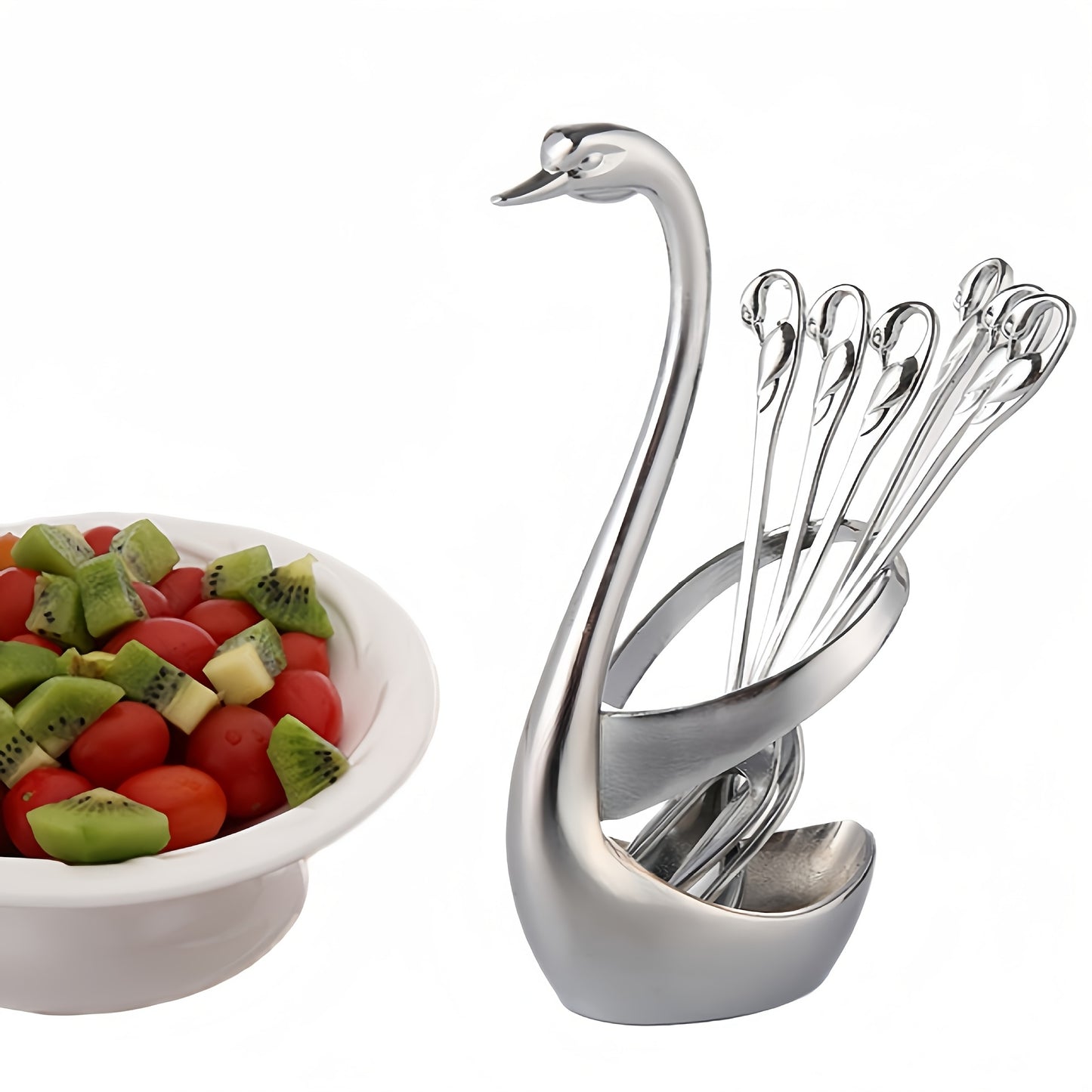 7pcs Elegant Swan-Shaped Stainless Steel Cutlery Rack (1 Swan And Zinc Alloy 3 Forks And 3 Spoons) Elegant Swan-Shaped Stainless Steel Cutlery Rack with Free Fork And Spoon Set - Small And Exquisite, Suitable for Halloween, Christmas Events