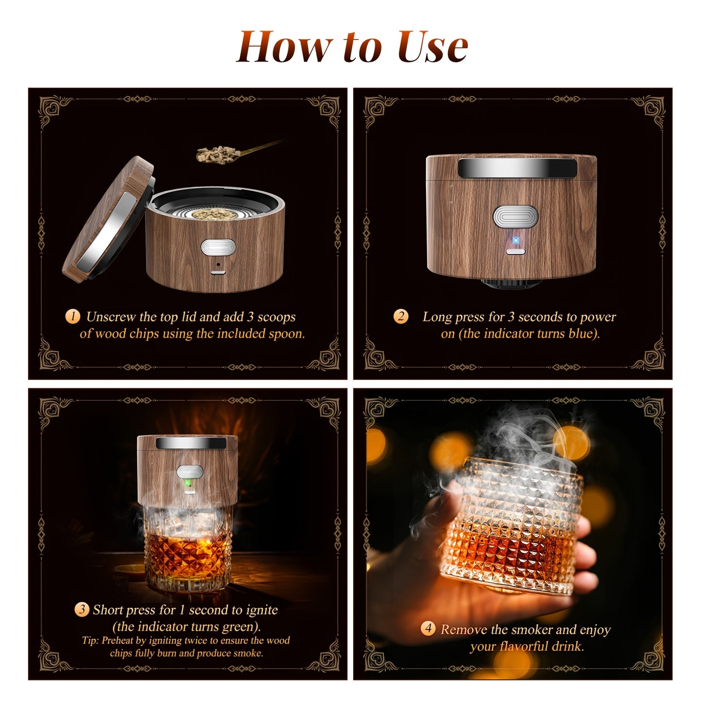 Electric Whiskey & Cocktail Smoker Kit with Built-In Lighter & 6 Wood Chips - - Portable Smoker, No Butane Required, for Whiskey Tumblers/Wine Glasses - Ideal Gift for Men, Dad, Husband (-Rechargeable, Flame-Free