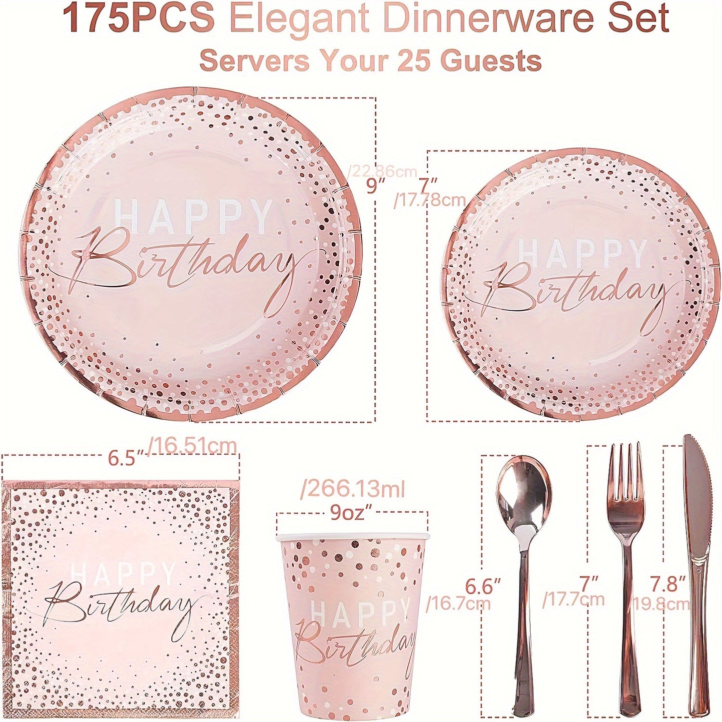Birthday Party Plates and Napkins Set 175pcs Pink Rose Gold Disposable Tableware Forks Knives Spoons Serves 25 Guests Girl Birthday Party Supplies