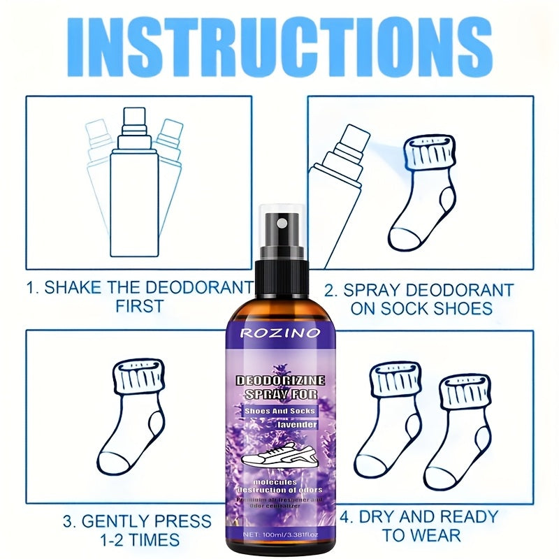 Set of 2 Rozino Lavender Foot Deodorizer Spray - Allergy-Friendly Odor Management, Fast-Drying & Enduring Freshness for Feet, Socks, And Shoes - Natural Lavender Fragrance, 3.38 Fl. Oz, Foot Deodorizer, Stylish Bottle Design, Glycerin-Based Formula