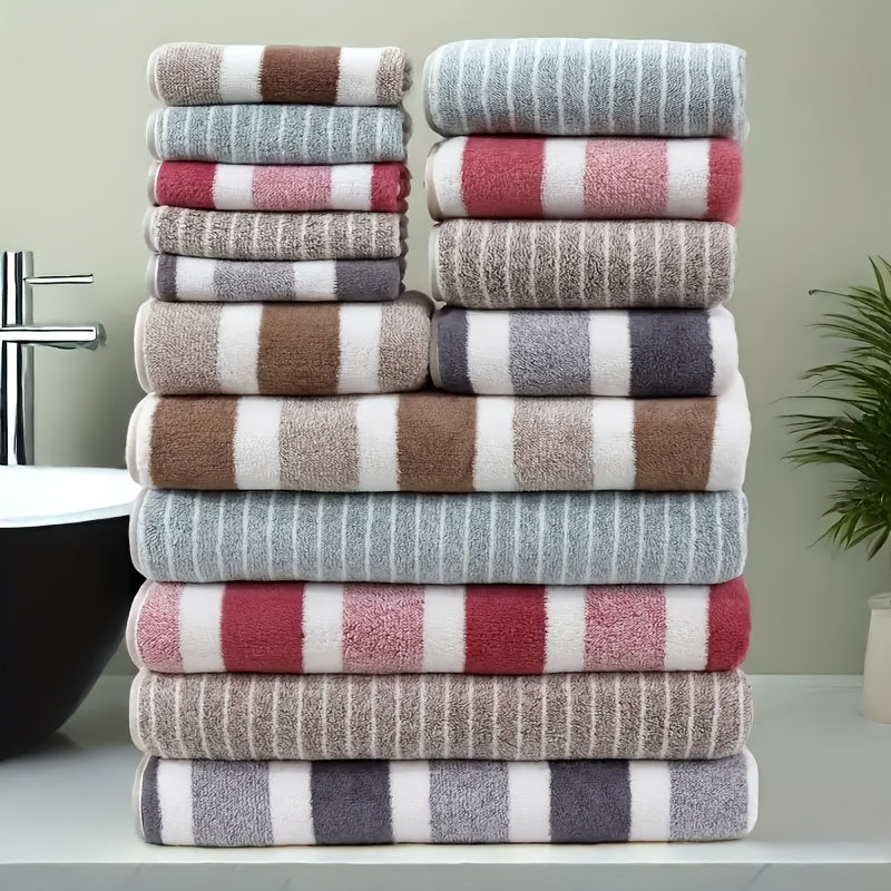 9/15pcs Classic Towel Set, No Hair Loss, Super Absorbent, Super Soft Two-color Striped Interval Bath Towel Combination, Including 2 Large Bath Towels, 2 Large Face Towels, 5 Hand Towels, Bathroom Supplies, And Beach Essentials, Wash Cloths