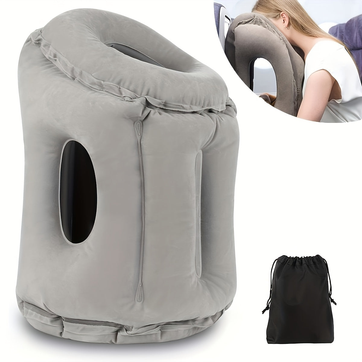 Inflatable Nap Pillow for Neck Support | Portable Air Cushion with Soft Microfiber Cover | Grey | Hand Wash Only | For Aviation, Train, Car, Office