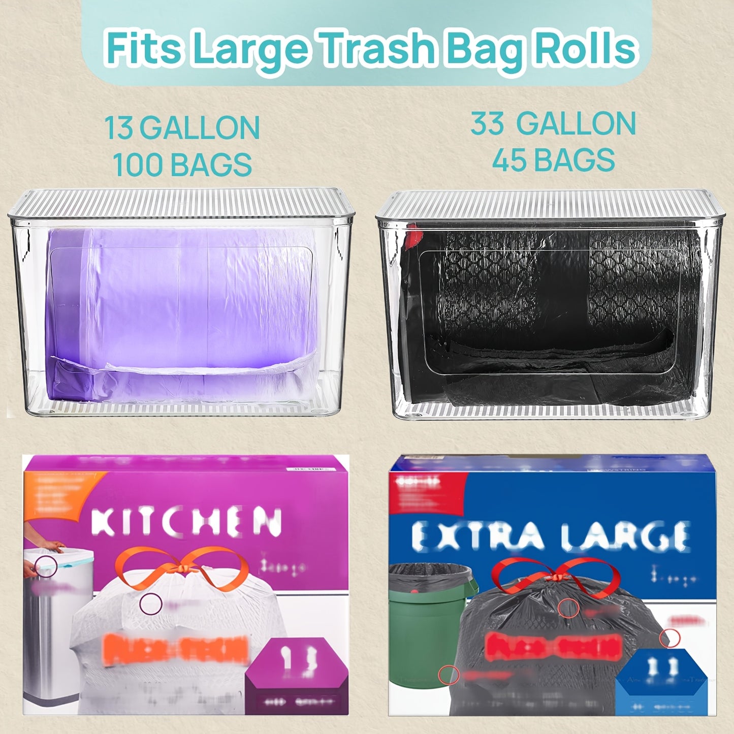Trash Bag Dispenser 2 Pack – Clear Stackable Garbage Bag Holder for 13/30/33 Gallon Bags, Under Sink Organizer, Locking Lid, Anti-Slip, Kitchen Pantry Laundry Room Cabinet Storage