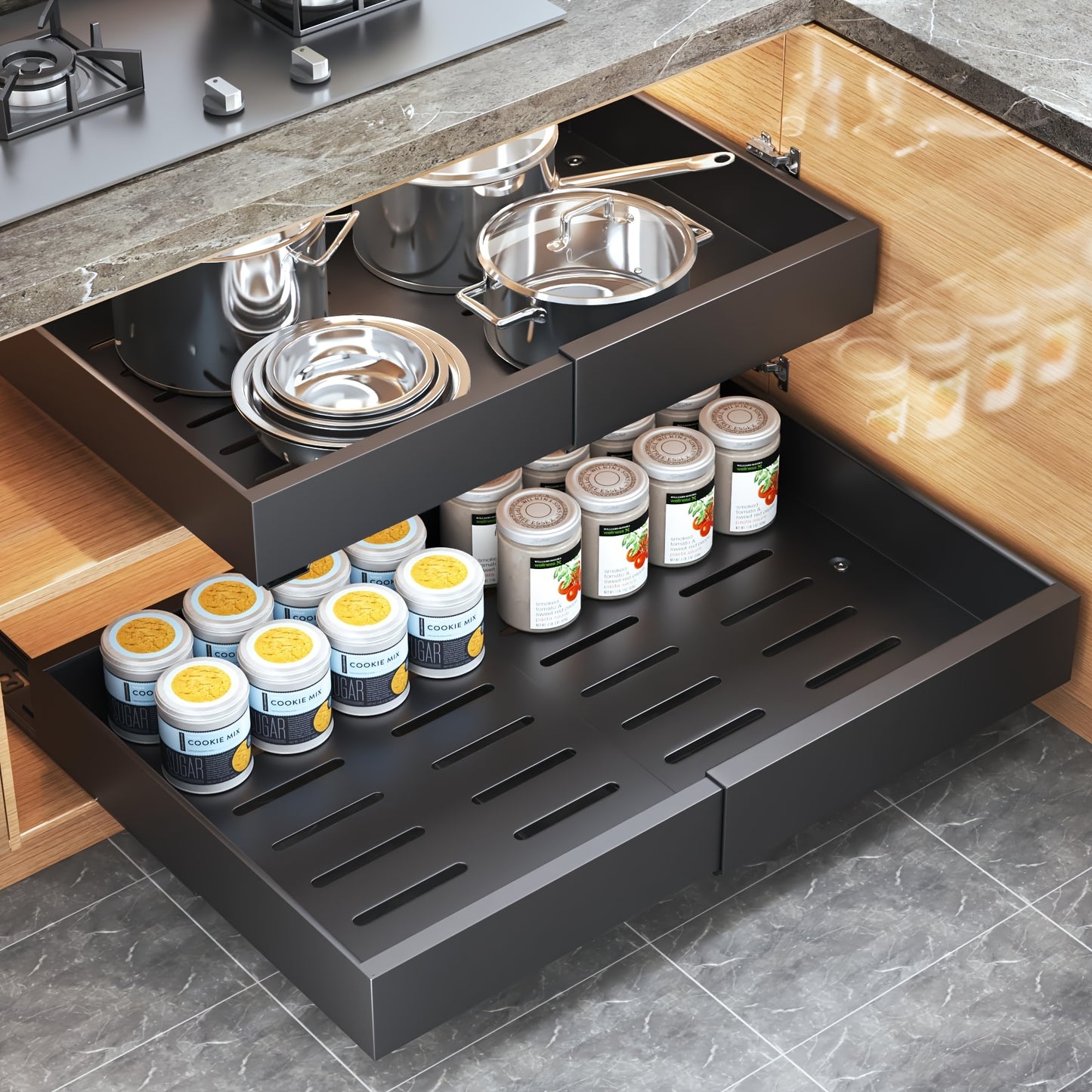 4-Pack Expandable Pull Out Cabinet Organizer, Heavy-Duty Carbon Steel Slide-Out Drawer (12.6"-20.5"W), Silent Sliding Roll-Out Shelf with Adhesive Nano Film Or Screw Installation, Rust-Resistant Storage Rack for Kitchen, Bathroom, And Pantry